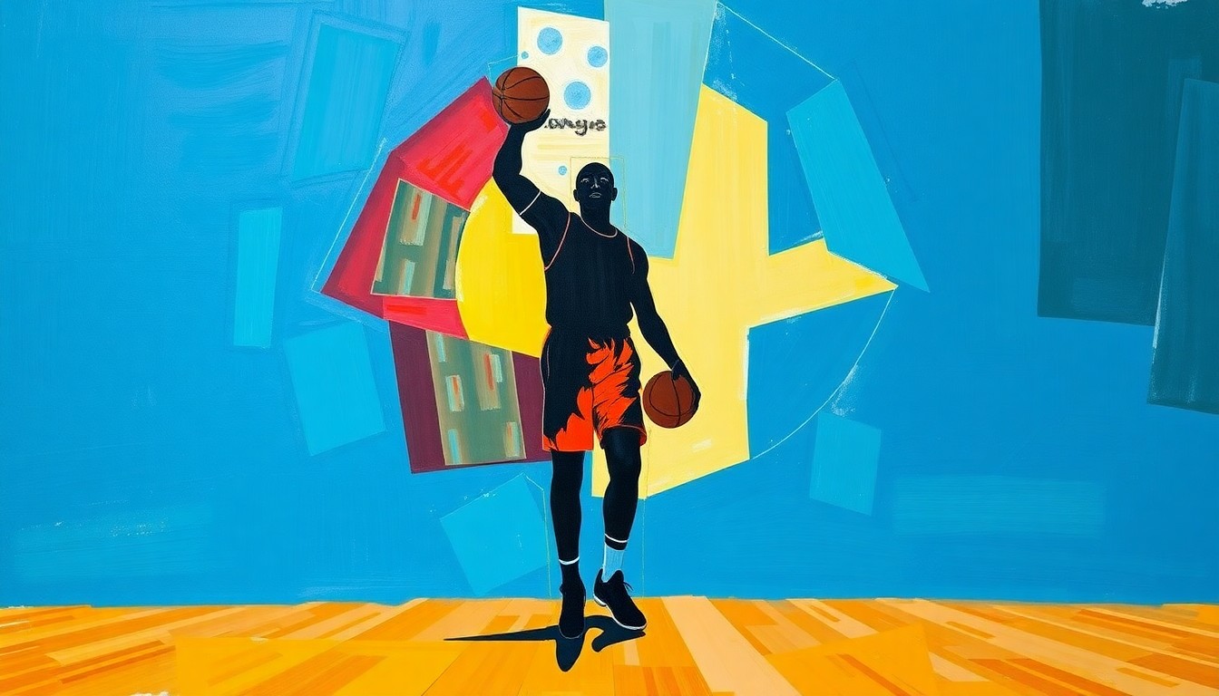A cubist, geometric painting depicting a fragmented silhouette of a basketball player along with the word 'Iceman' broken down into abstract shapes and planes, conceptually representing the dispute over the iconic nickname.