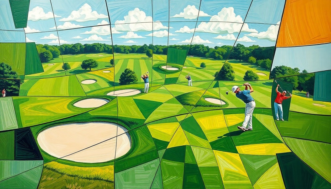 A cubist, geometric painting depicting the various elements of a college golf tournament, including fairways, sand traps, and swinging golf clubs, all broken down into sharp, overlapping planes of color.