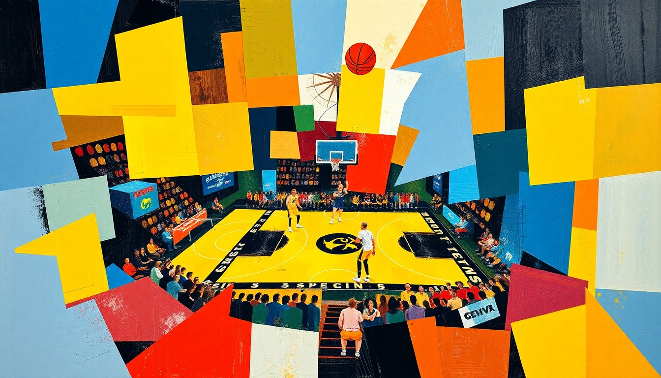 A cubist, geometric painting depicting a fragmented basketball court scene, with sharp planes of color representing the dynamic action of the game, conveying the energy and potential of the Iowa basketball program.