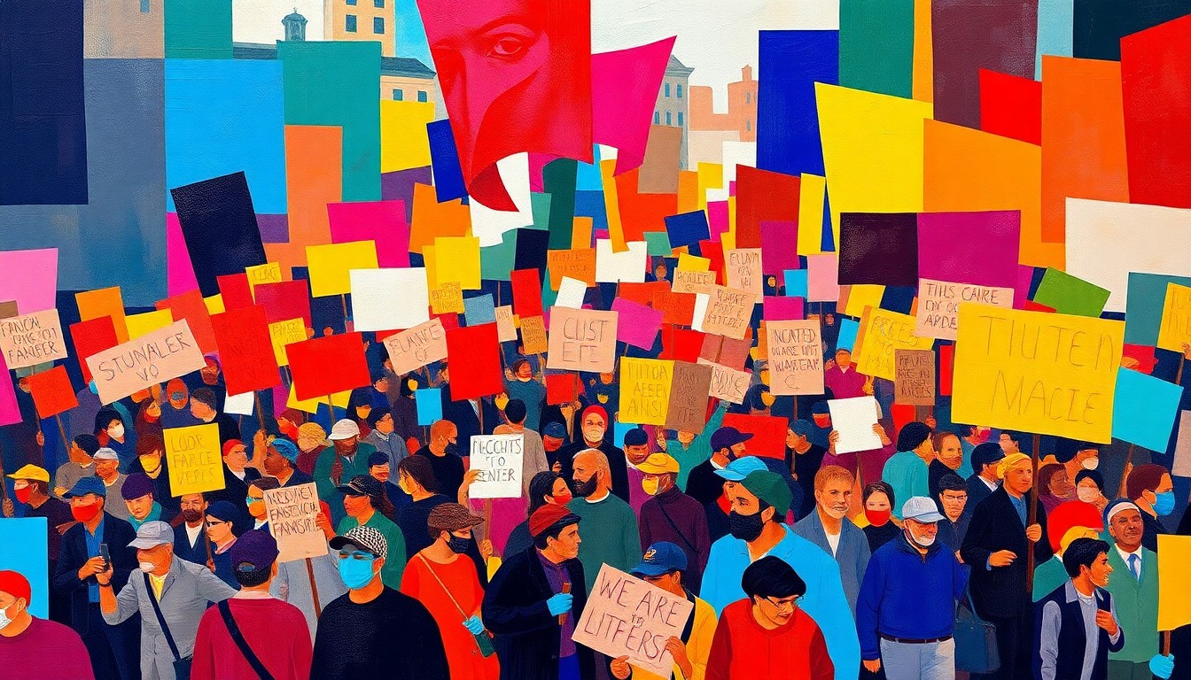 An abstract, fractured painting depicting a crowd of protesters marching with signs, conveying the energy and momentum of the 'No Kings' movement.