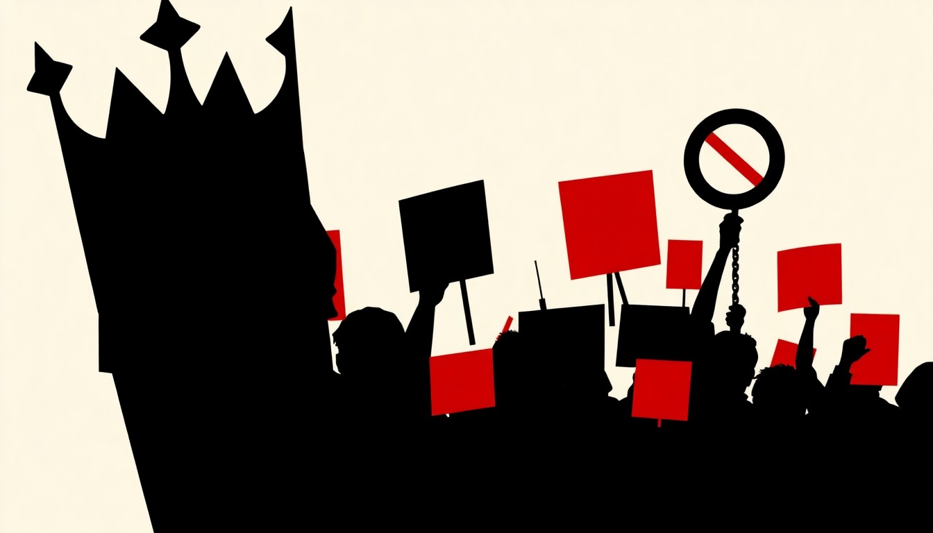 A bold, minimalist illustration featuring stark black silhouettes and geometric shapes in high-contrast red and white, conceptually representing the anti-authoritarian 'No Kings' protest movement.