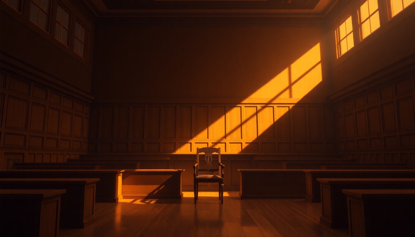 A quiet, cinematic painting of an empty courtroom bathed in warm, diagonal sunlight and deep shadows, with a single chair in the center of the frame, conveying the solemnity and gravity of the judicial process.