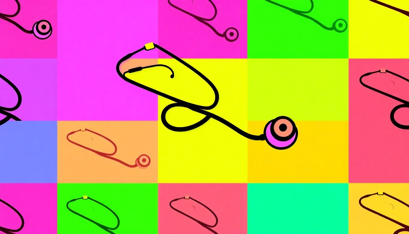 A brightly colored, high-contrast silkscreen print of a hospital bed repeated in a grid pattern, conceptually representing the growth of Billings' health sciences education program.