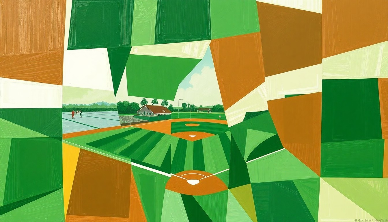 A fragmented, geometric painting depicting the dynamic action and competing perspectives of a high school baseball game, with sharp planes of green grass, brown dirt, and white uniforms overlapping to create a sense of motion and intensity.