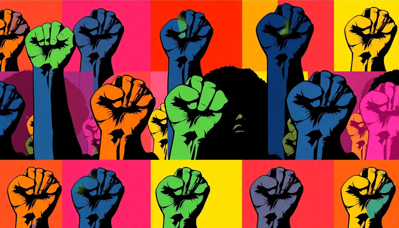 A bold, colorful silkscreen print featuring a repeated image of a raised fist, a powerful symbol of the civil rights movement, rendered in a high-contrast, pop art style that captures the energy and urgency of the institute's revitalization efforts.