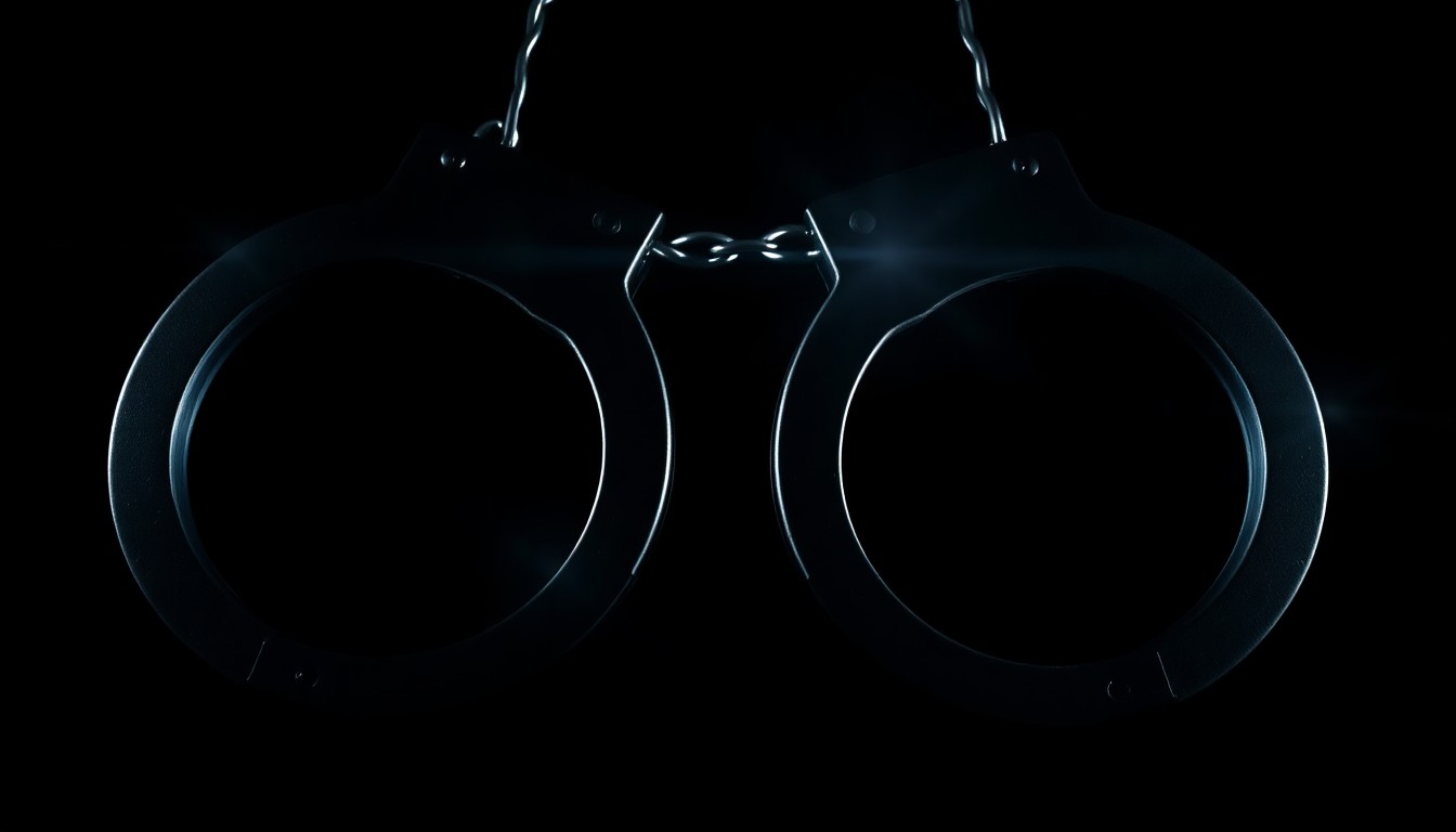 An extreme close-up photograph of a pair of metal handcuffs against a stark black background, conceptually representing the law enforcement efforts to apprehend the suspects on the Boone County Most Wanted list.