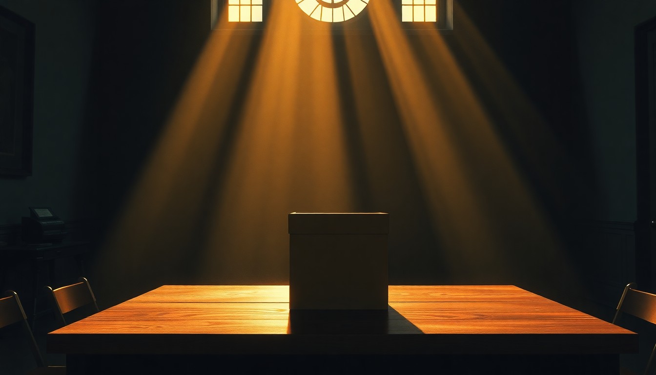 A serene, photorealistic painting of a simple wooden ballot box sitting alone on a table in a dimly lit room, with warm light streaming in through a window and casting deep shadows across the scene, conveying a sense of civic duty and the weight of the electoral process.