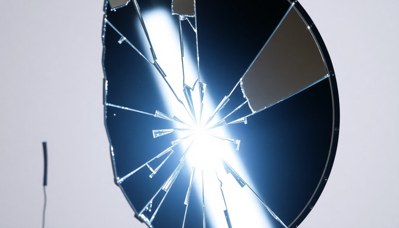 An abstract close-up image of a shattered mirror reflecting a bright spotlight, conveying the divisive and fractured nature of American politics through high-contrast lighting and dramatic textures.