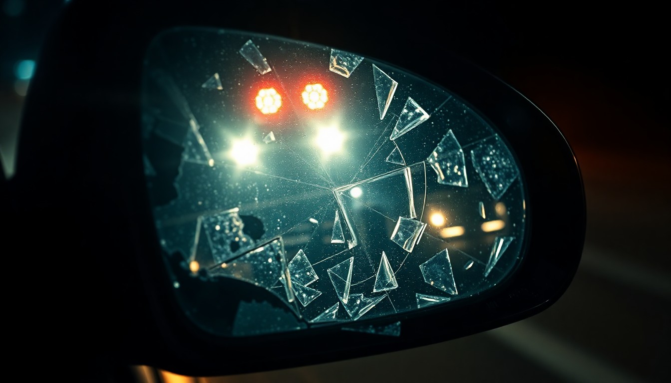 An extreme close-up photograph of a shattered car side mirror reflecting the faint glow of emergency lights, conceptually illustrating the aftermath of a hit-and-run crash.