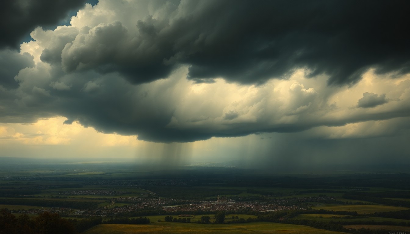 A sweeping, atmospheric landscape painting in muted tones of gray, blue, and green, depicting a small town or rural setting dwarfed by an ominous, stormy sky filled with dramatic, swirling clouds. The scene conveys the overwhelming power and sublime scale of severe weather.
