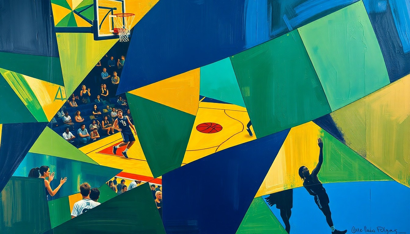 A fragmented, geometric painting in navy, green, and gold tones, capturing the dynamic action and intensity of a women's basketball game through Picasso-esque abstraction.