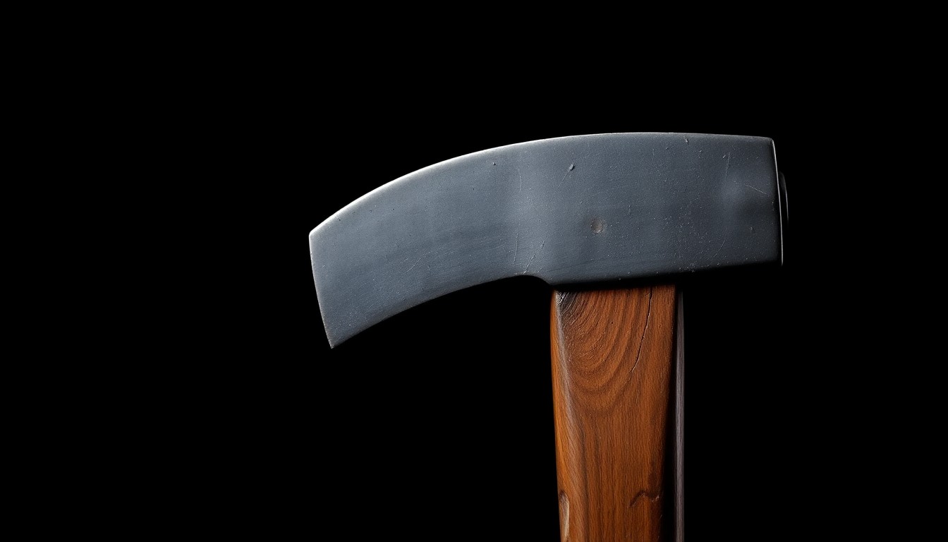 An extreme close-up photograph of a single pickax head against a pitch-black background, the metal surface the sole focus under harsh, direct lighting, creating a stark, gritty, and investigative aesthetic.