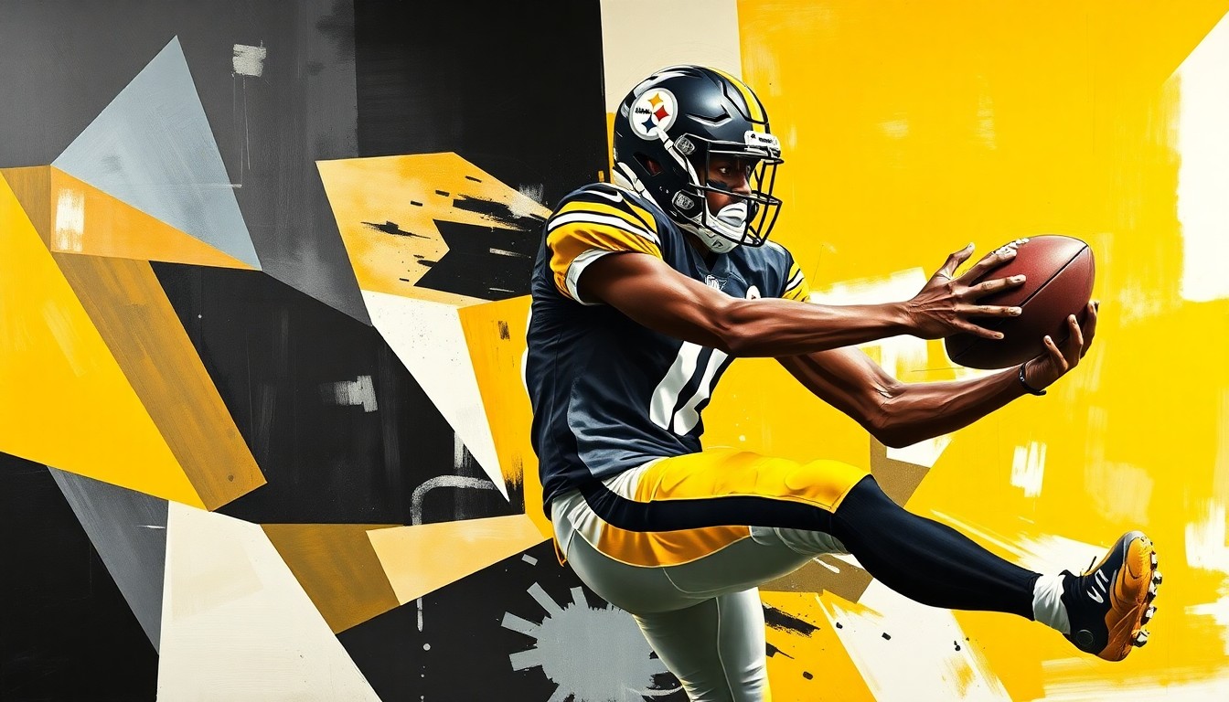 A cubist-style painting depicting a wide receiver in mid-catch, their body broken down into sharp, overlapping geometric shapes in the colors of the Pittsburgh Steelers.