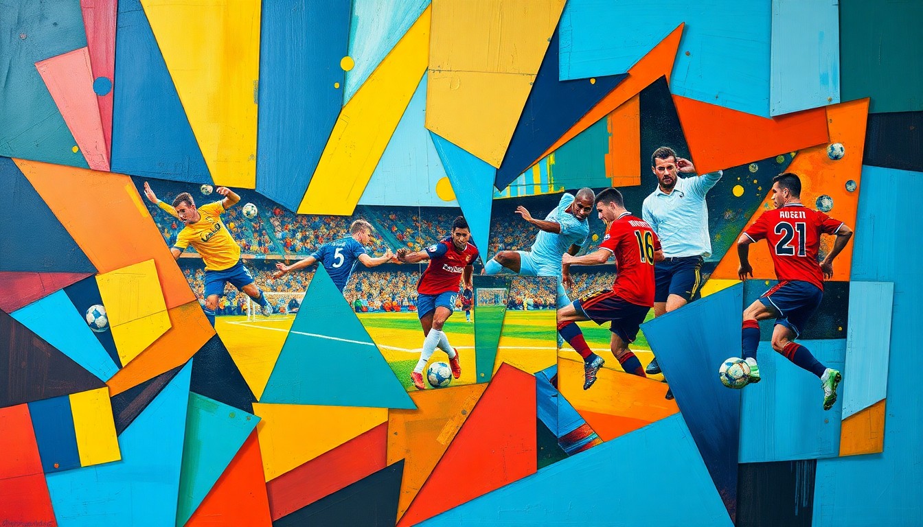 A cubist, geometric painting depicting a soccer match or competition, with the field and players broken down into overlapping planes of deep blue, bright red, and golden yellow, creating a dynamic, fragmented visual style.