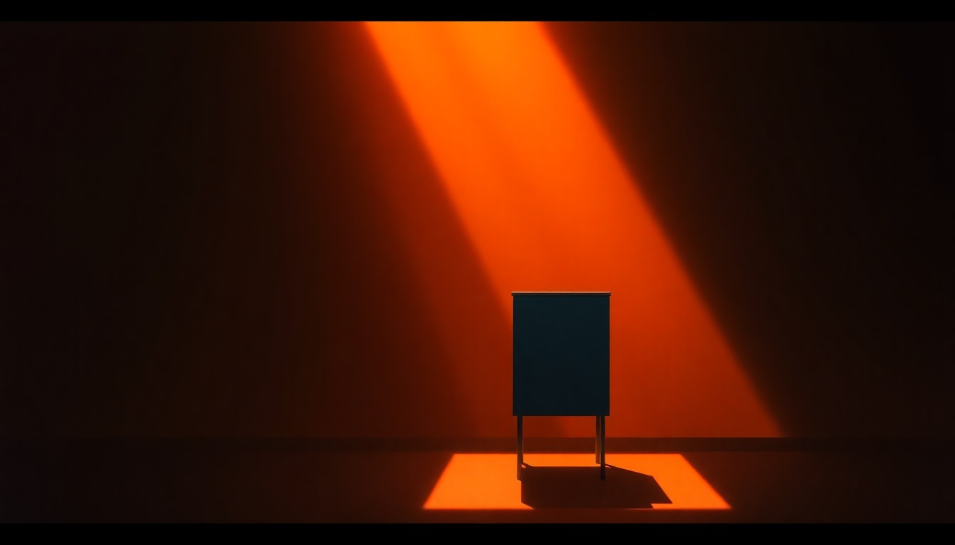 A dimly lit, cinematic painting of a lone ballot box sitting on a wooden table, its surface reflecting the warm glow of sunlight streaming in through a window. The scene evokes a sense of quiet contemplation and the weight of the democratic process.