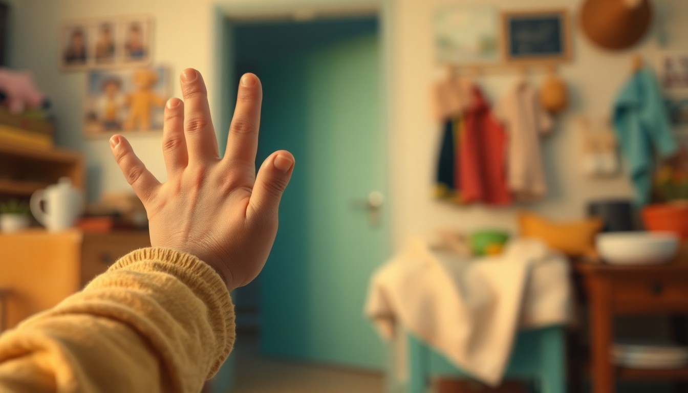 A soft, abstract photograph in warm tones showing a child's hand reaching out against a blurred background of household items, conveying a sense of care and community support.