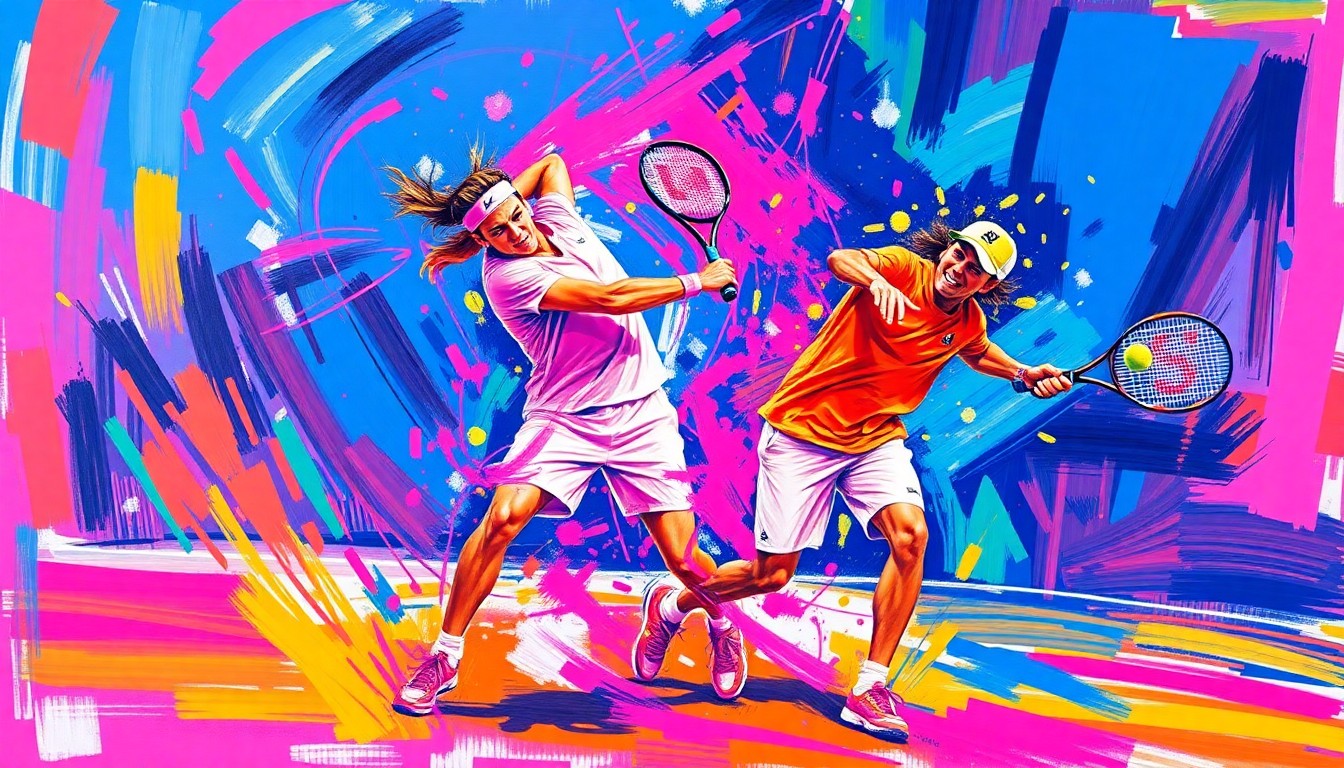 An abstract expressionist painting in vibrant neon colors, with rapid brushstrokes capturing the intense energy and movement of a high-stakes tennis match between two elite players.