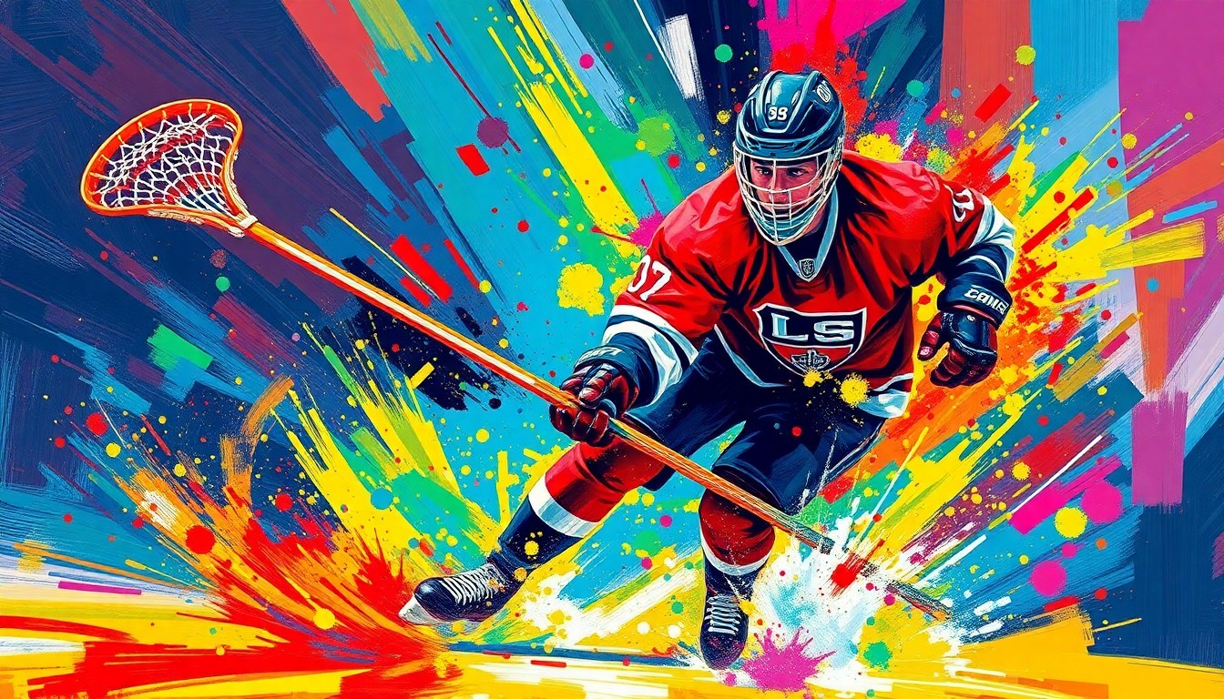 An extreme close-up of a hockey player's upper body, with their face and jersey dissolving into vibrant, expressive brushstrokes of neon orange, yellow, and blue, capturing the raw energy and movement of a lacrosse-style goal.