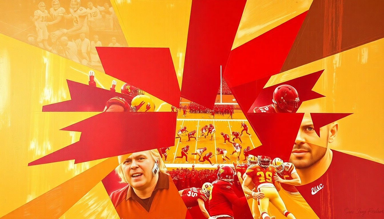 A cubist, geometric painting depicting a USC football scrimmage, with sharp, overlapping planes of red and gold representing the dynamic action on the field.
