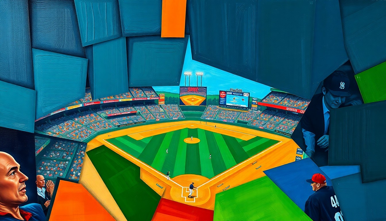 A fragmented, geometric painting depicting the dynamic action and energy of a baseball game, with sharp planes of color and overlapping shapes representing the various moments and players involved.