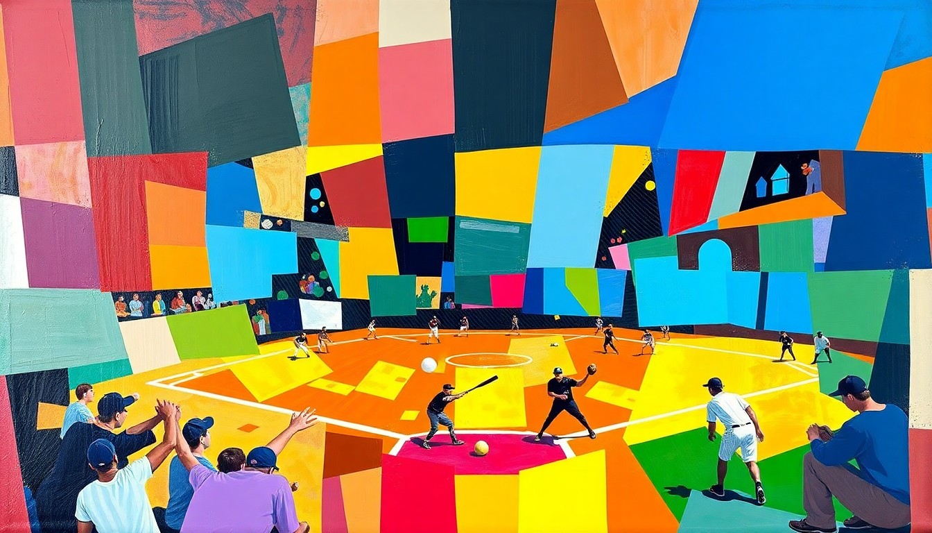 A fragmented, geometric painting in bold primary colors, depicting the overlapping movements and perspectives of a fast-paced softball game.