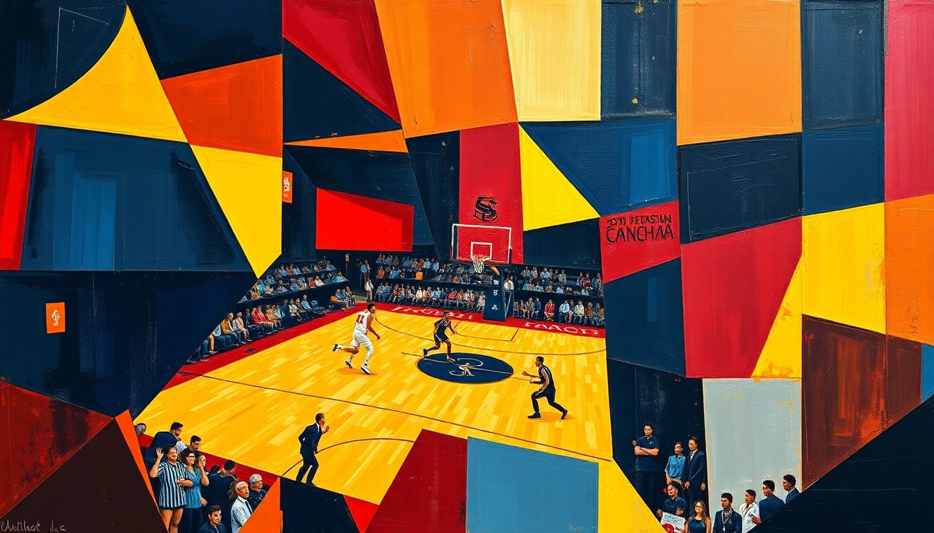 A fragmented, geometric painting depicting a college basketball scene broken down into sharp, overlapping planes of navy, crimson, and gold, conveying the conceptual shift in recruiting tactics described by the coach.