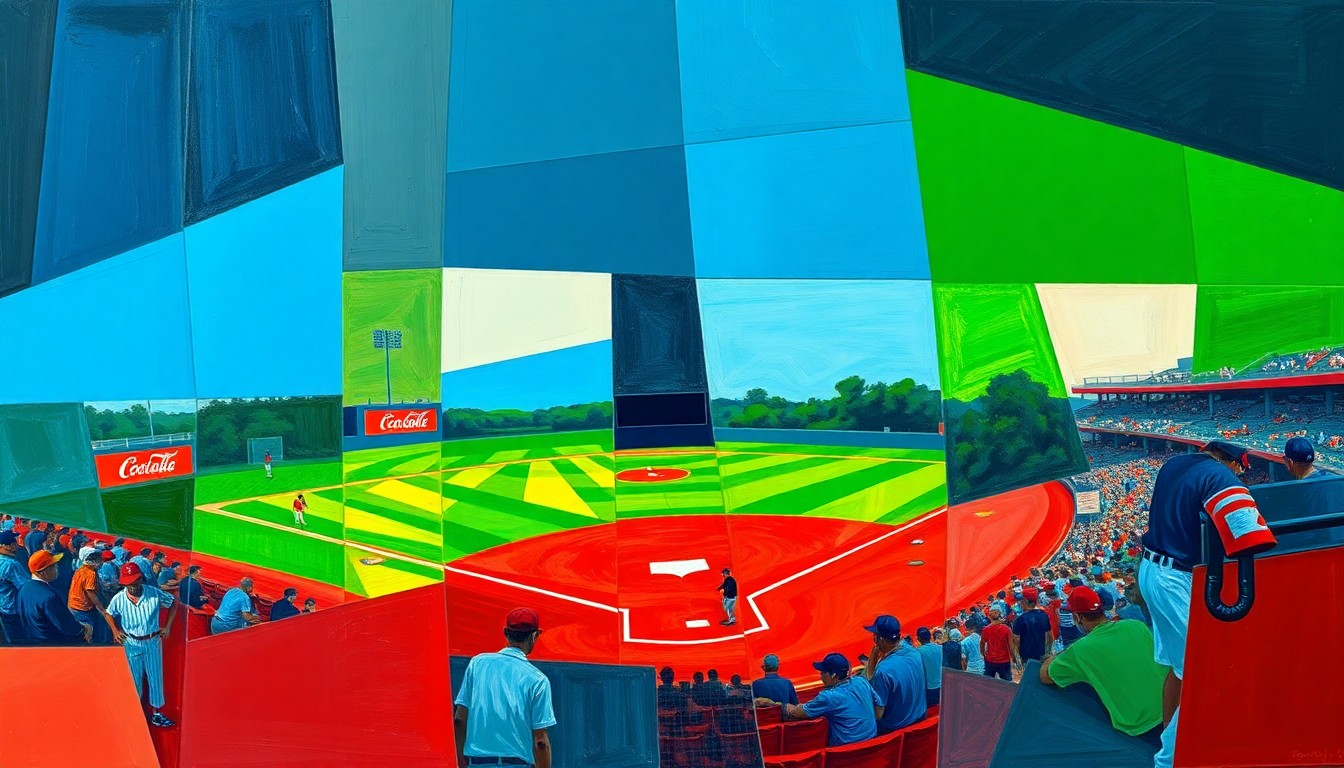 A cubist, geometric painting depicting a high school baseball game, with the players and field broken down into sharp, overlapping planes of color, conveying the dynamic energy and competitive spirit of the sport.