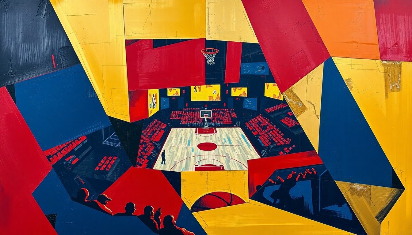 A cubist, geometric painting depicting a fragmented college basketball game, with sharp planes of navy, crimson, and gold representing the energy and movement of the sport.