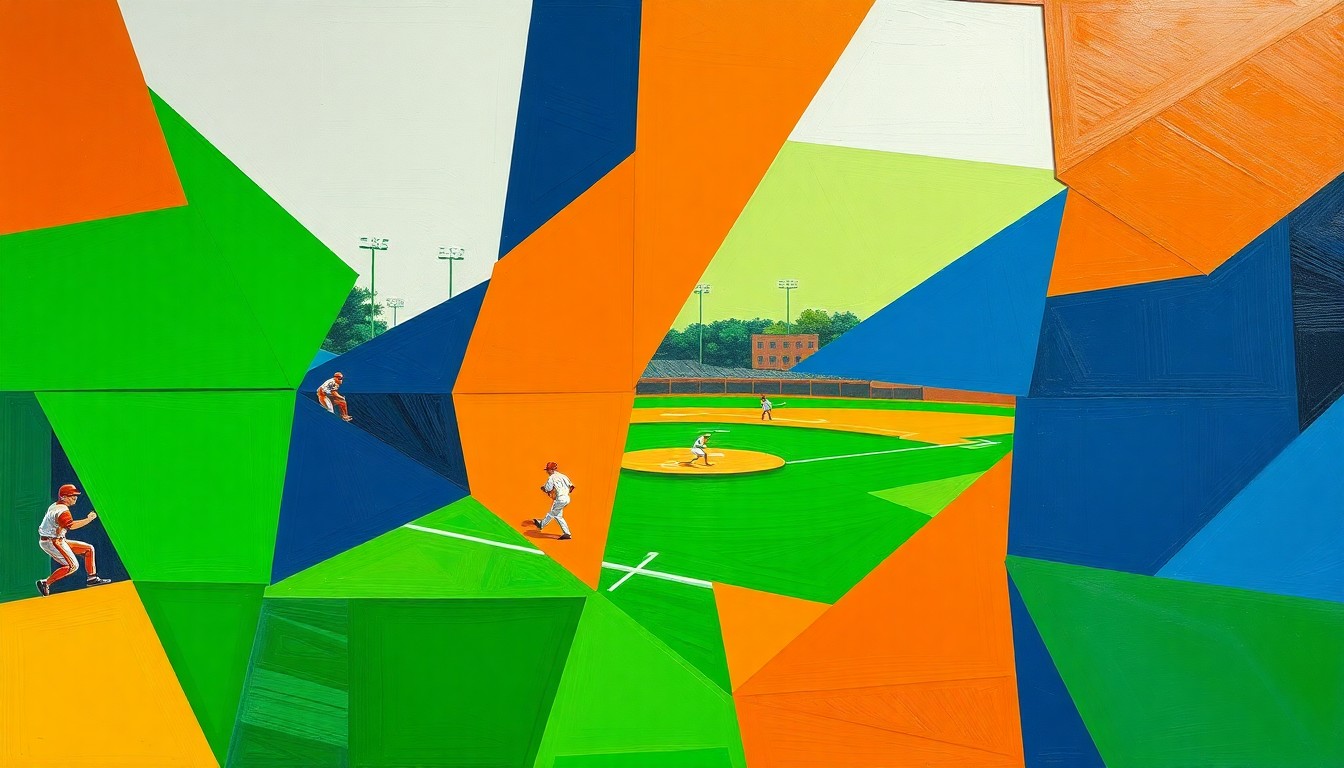 A fragmented, geometric painting in bright colors representing the fast-paced action of a high school softball game.