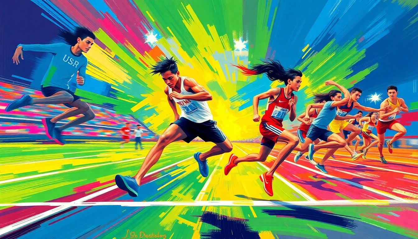 An abstract, expressionist painting in bright neon colors, with dynamic brushstrokes evoking the movement and intensity of a high school track and field competition.
