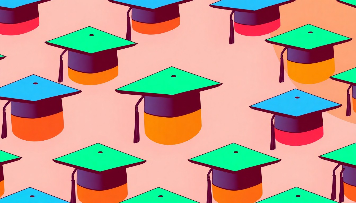 A bold, colorful silkscreen print featuring a repeating pattern of a mortar board graduation cap in vibrant shades of blue, green, and pink, conceptually representing the historic appointment of Stacy Leeds as the first woman to lead the University of Tulsa.