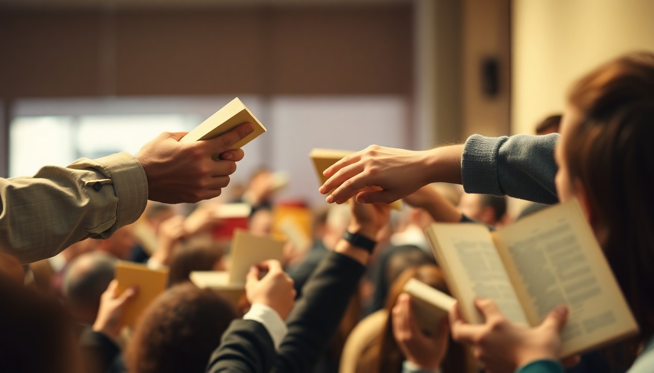 An abstract, impressionistic photograph showing a blurred crowd of people passing books from one to another, creating a sense of shared purpose and community connection.