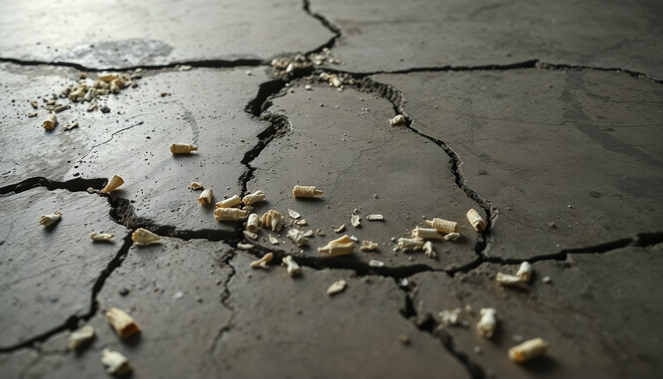 An extreme close-up photograph of a cracked, soiled concrete floor with scattered cat litter, conceptually representing the unsanitary conditions found in the home.