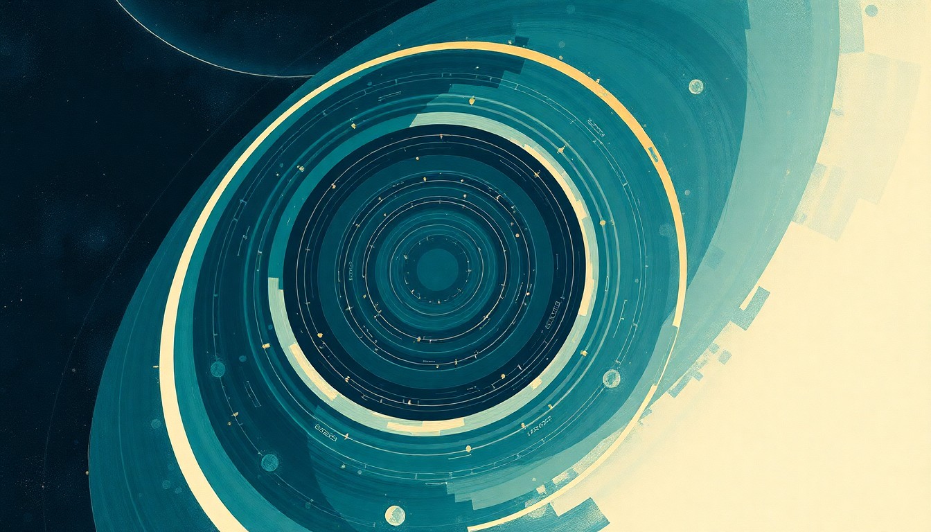 A highly textured, abstract painting featuring sweeping geometric arcs, concentric circles, and precise spirals in a soft color palette of blues, greens, and golds, conceptually representing the complex forces and technology enabling a historic crewed mission to the lunar surface.