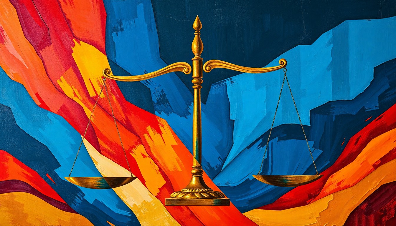 A vibrant, abstract painting featuring overlapping, geometric shapes in shades of blue, red, and yellow, conveying the dynamic and high-stakes legal battle over the future of birthright citizenship in the United States.