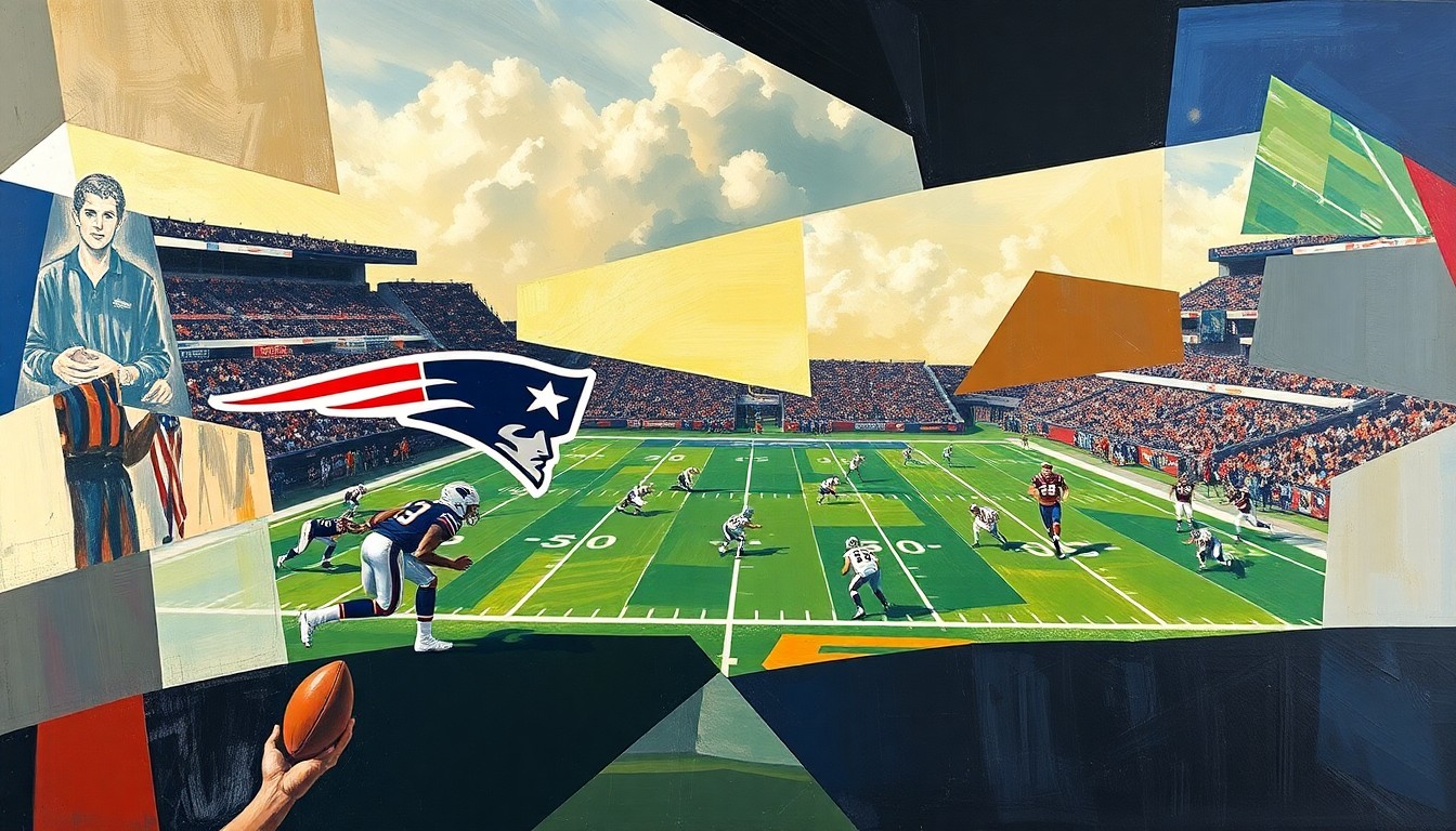A cubist, geometric painting depicting fragmented, overlapping shapes and planes that abstractly represent a Patriots football game or practice, conveying the complex challenges the team faces in the upcoming season.