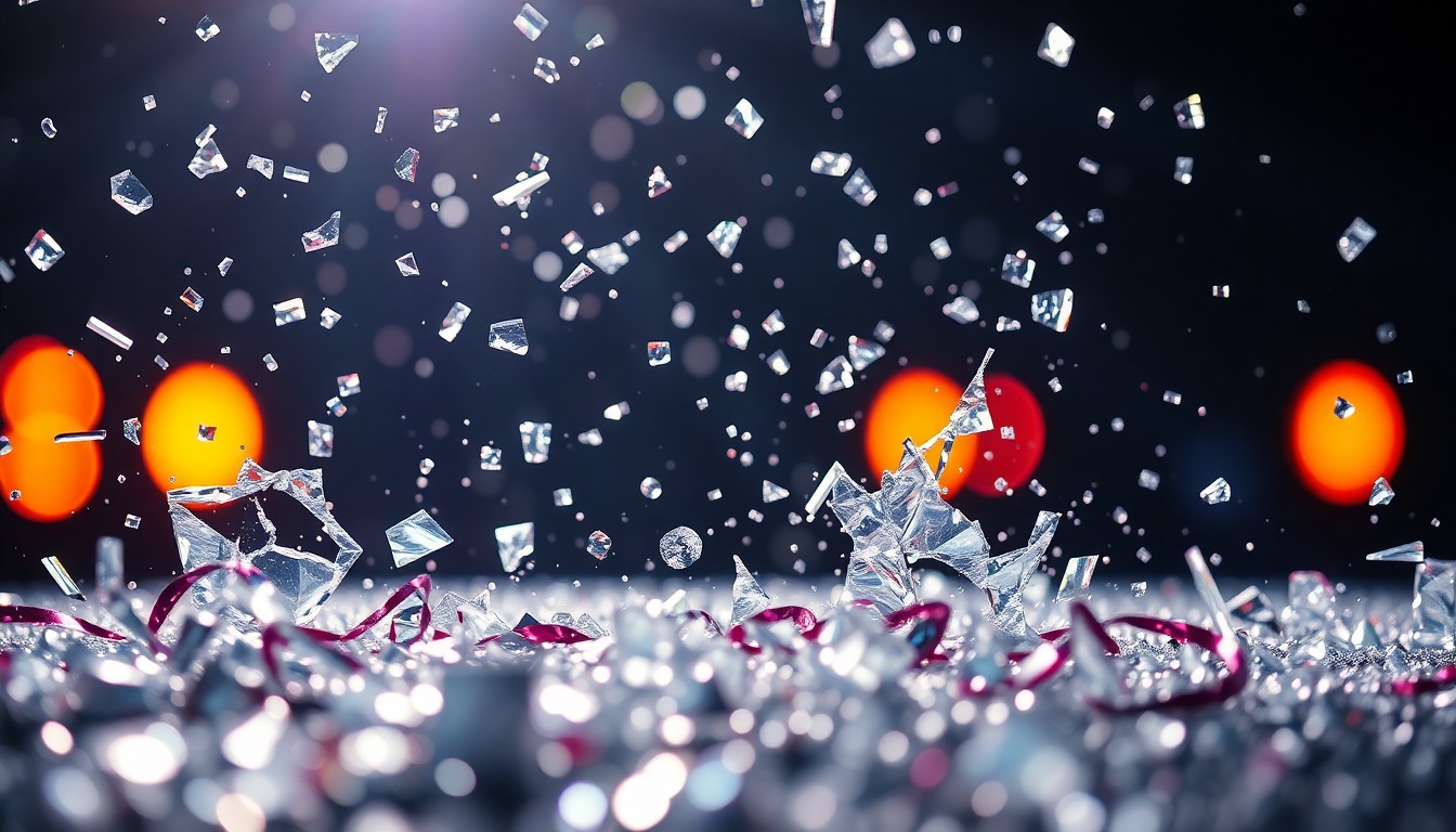 An extreme close-up photograph featuring a shattered, reflective surface covered in glittering sequins and shards of glass, creating a visually striking and conceptually evocative image that captures the drama and intensity of a singing competition stage.