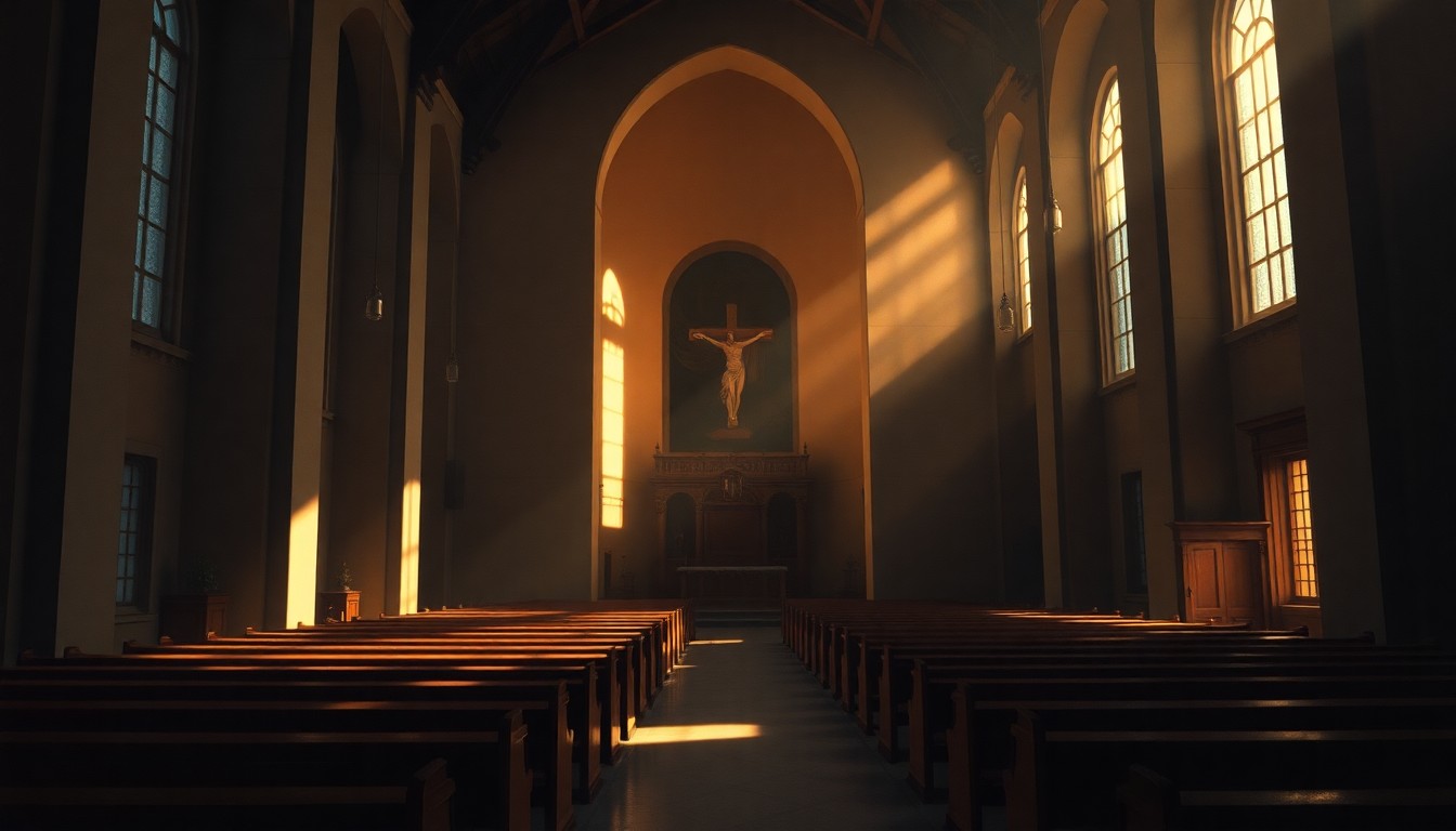 A serene, painterly interior of an empty Catholic church, with warm sunlight streaming through the windows and creating deep shadows across the pews and altar, conveying a sense of quiet contemplation and change.