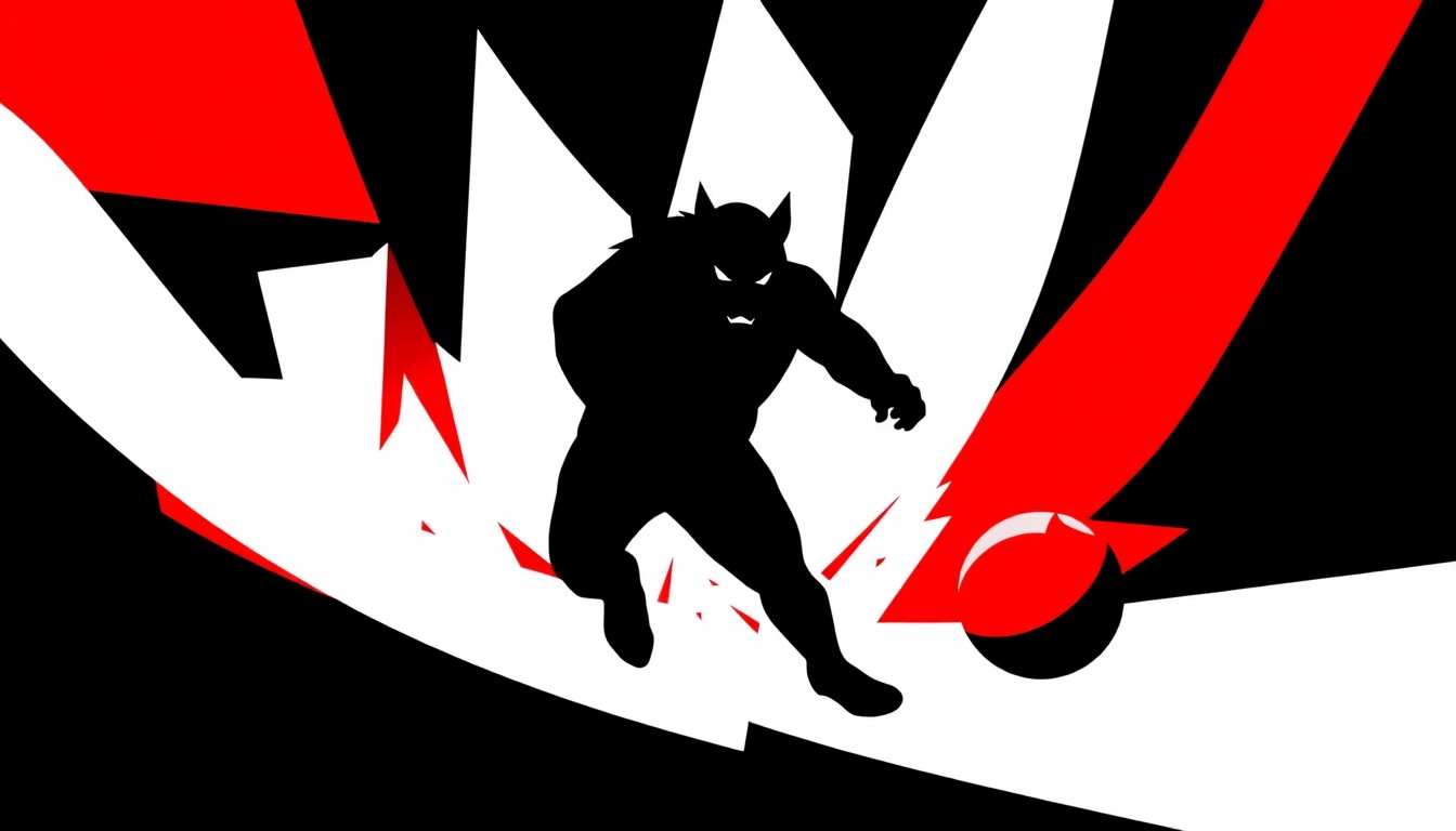 A striking abstract composition of jagged red, white, and black geometric shapes, conceptually representing the dangerous, high-stakes nature of the new 'Beastball' sport.