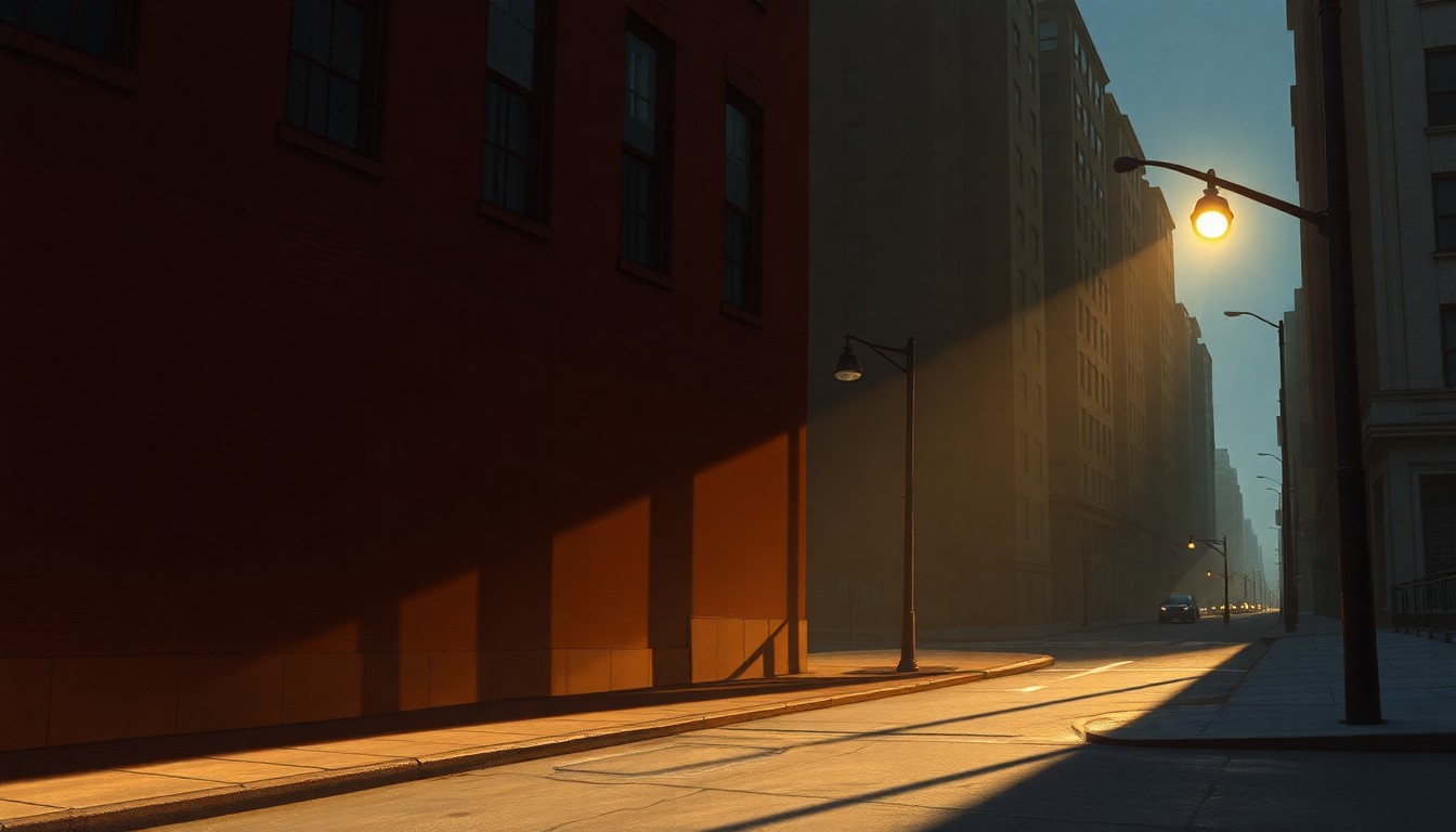 A quiet, cinematic street scene in warm tones, with a single streetlight casting a soft glow, symbolizing the institutional accountability and justice sought by survivors of gender-motivated violence.