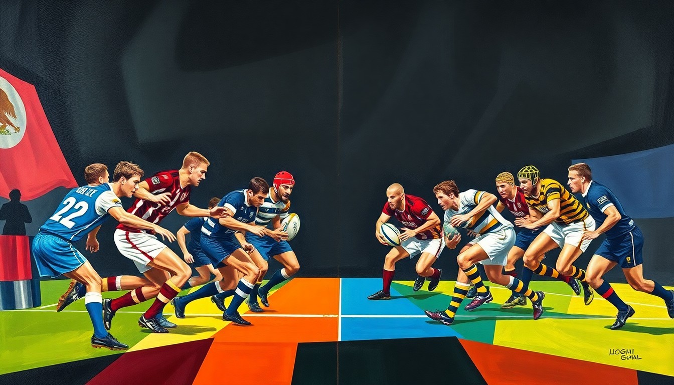 A cubist, geometric painting depicting the action of a rugby match, with the players and ball fragmented into overlapping angular shapes in a vibrant color palette, conveying the dynamic energy of the sport.