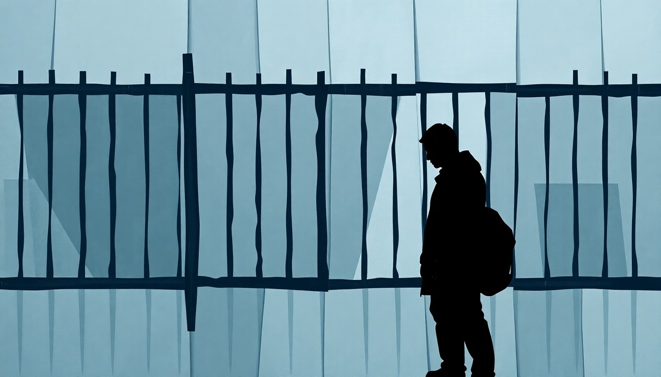 A conceptual abstract painting in shades of grey and blue depicting the silhouette of a person in an immigration detention facility, with overlapping fractured geometric shapes and lines representing the constraints and dangers of the system.