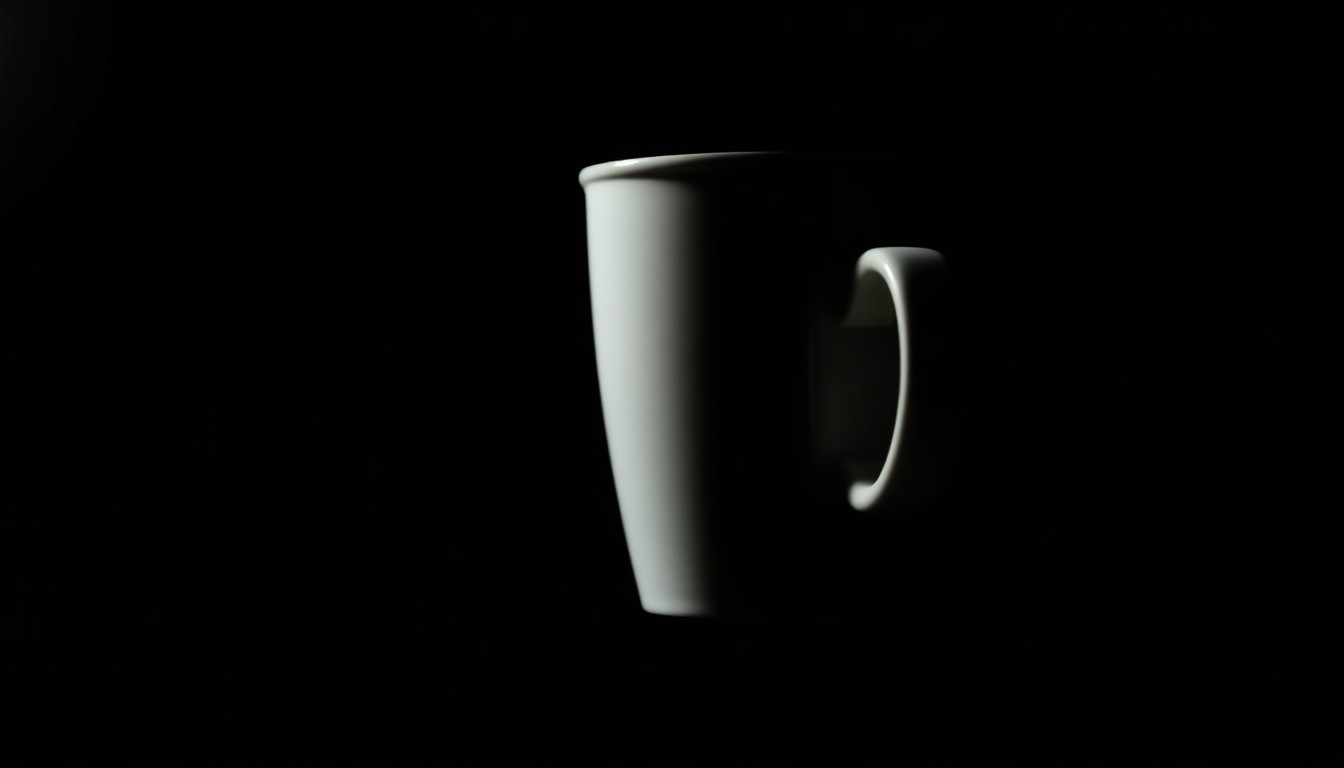 An extreme close-up photograph of a single coffee cup handle against a pitch-black background, lit by a harsh, direct camera flash, creating a stark, gritty, investigative aesthetic.