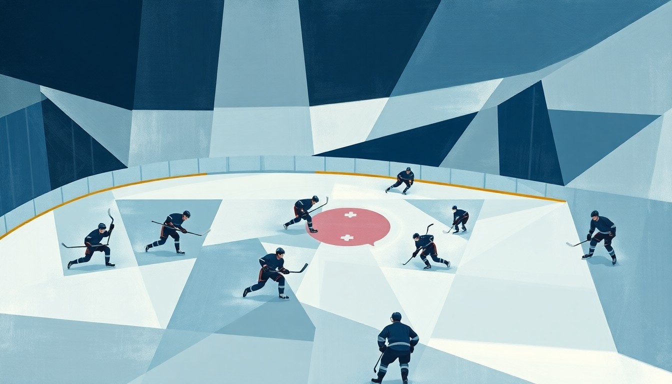 A cubist, geometric painting depicting a fragmented hockey game scene, with players and the rink broken down into sharp, overlapping planes of muted blue, gray, and white tones.