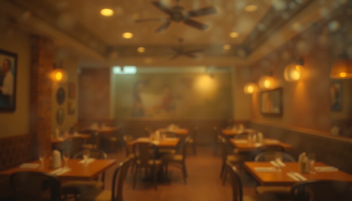 An abstract, impressionistic scene of a dimly lit, empty restaurant interior, with only faint outlines of tables and chairs visible through a hazy, rain-streaked lens, conveying a sense of melancholy and loss.