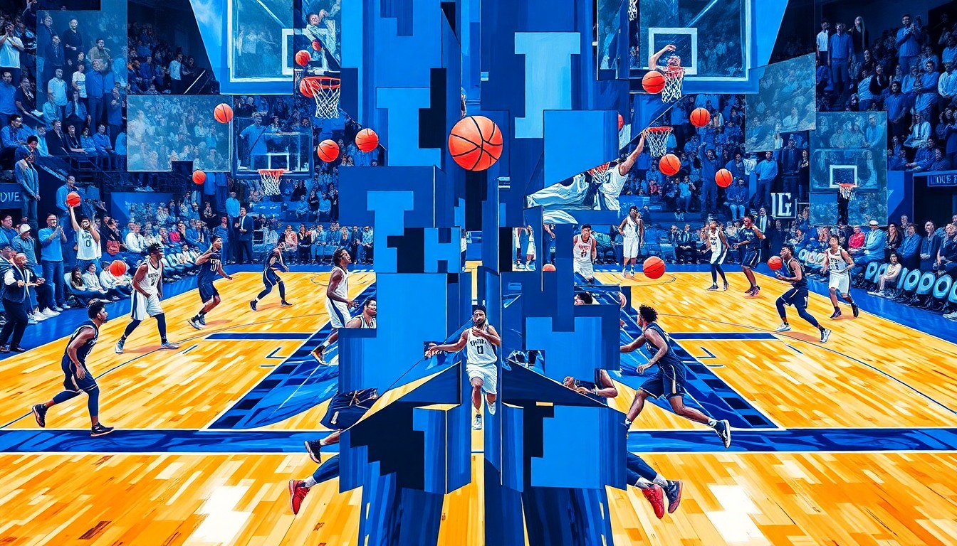 A fractured, geometric painting depicting the final seconds of a basketball game, with players, basketballs, and court lines rendered in a cubist style using vibrant blues and greens.