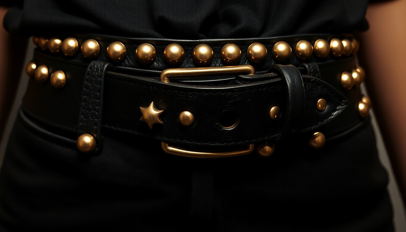 An abstract close-up photograph of a studded leather belt and black fabric, using dramatic lighting to create a high-contrast, gritty glamour aesthetic.