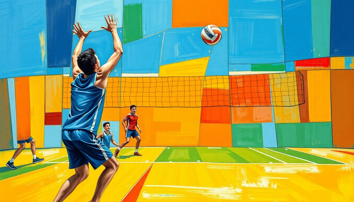 A fragmented, geometric painting depicting the dynamic movements and competition of a boys volleyball game, with sharp planes of blue, orange, and green hues.