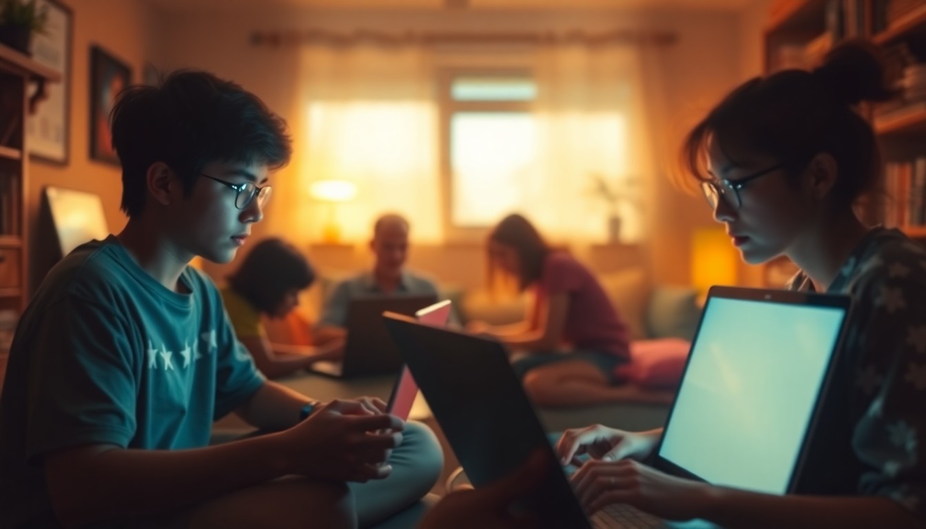An abstract, impressionistic scene of students working on laptops in a softly lit, cozy home environment, with warm pools of light and color creating an intimate, introspective mood.