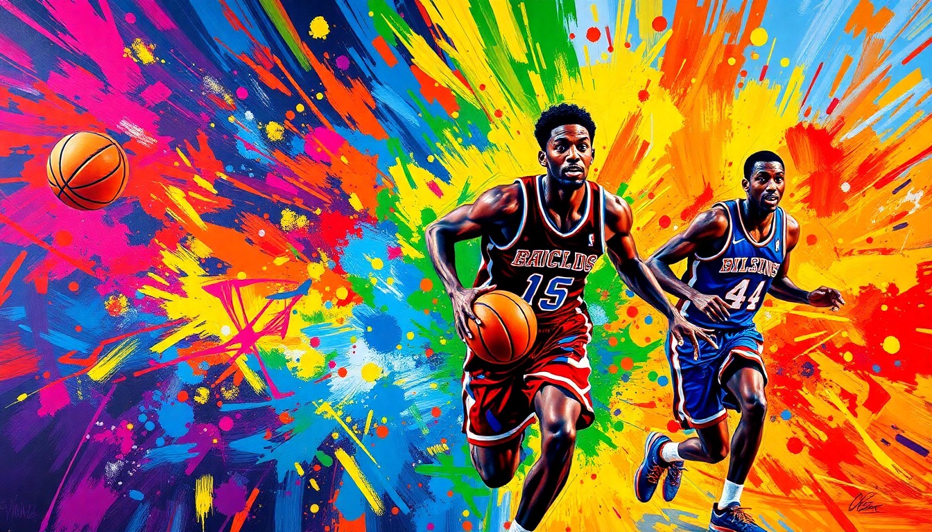 A vibrant, expressionist painting featuring basketball players in motion, with their faces and uniforms dissolving into unrecognizable splatters of neon colors, capturing the raw energy and excitement of the HBCU All-Star Game Experience.